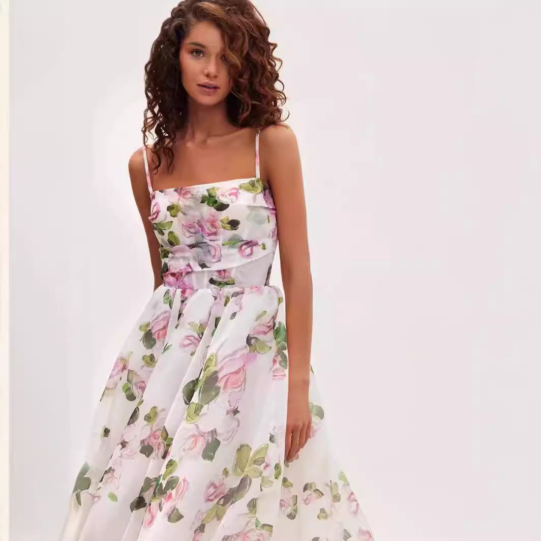 Damen Midi-Kleid mit floralem Chiffon und elegantem Taillengürtel Drune