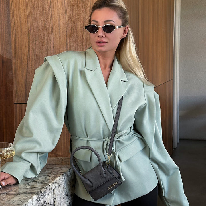Damen elegante oversized Blazerjacke mit Gürteldetail Drune