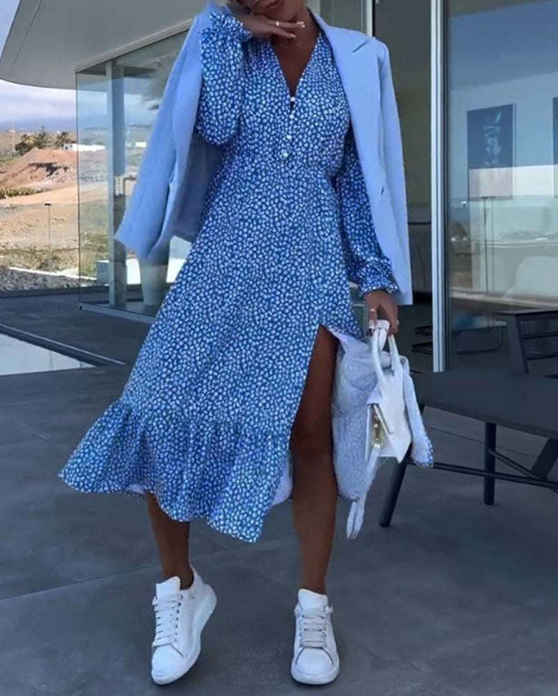 Damen nan Midikleid mit V-Ausschnitt geraffter Taillennaht langen Ärmeln Volant-Saum und seitlichem Beinschlitz Drune