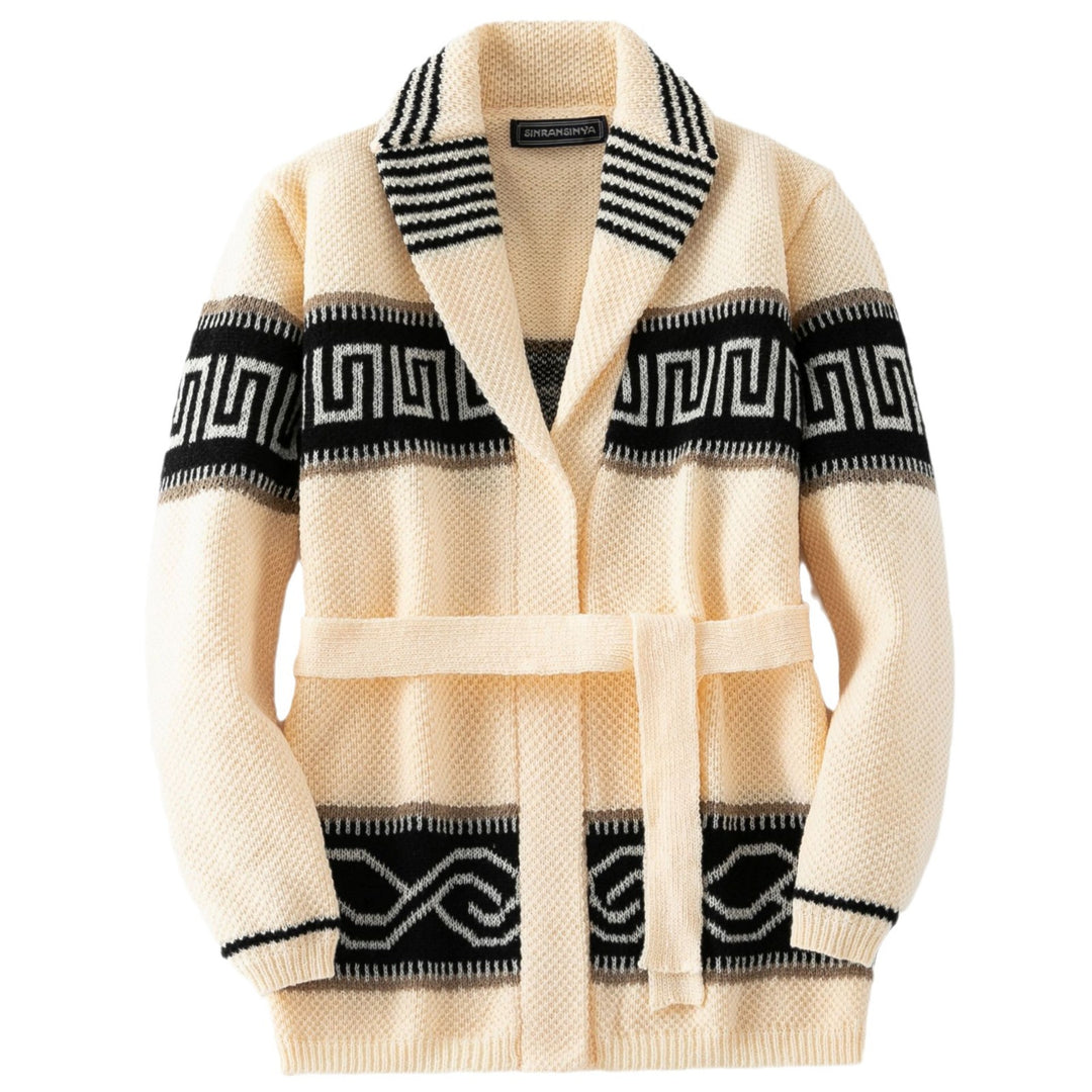 Damen Modische Strickjacke mit Gürtel und geometrischem Muster Drune