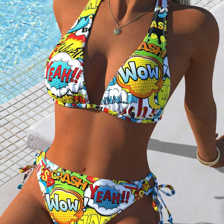 Damen Triangel-Bikini mit kreativem Comic-Print und verstellbaren seitlichen Bindebändern Drune