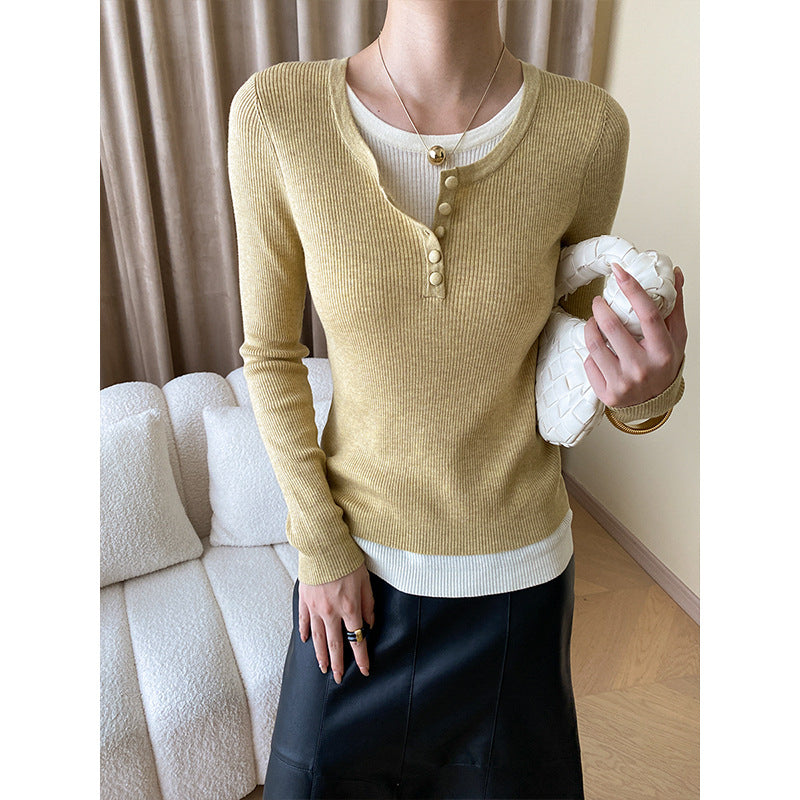 Damen lässiges Langarm-Henley-Pullover mit feiner Rippstruktur Drune