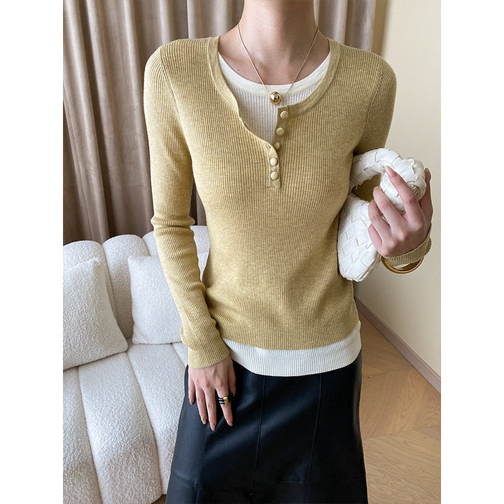 Damen lässiges Langarm-Henley-Pullover mit feiner Rippstruktur Drune
