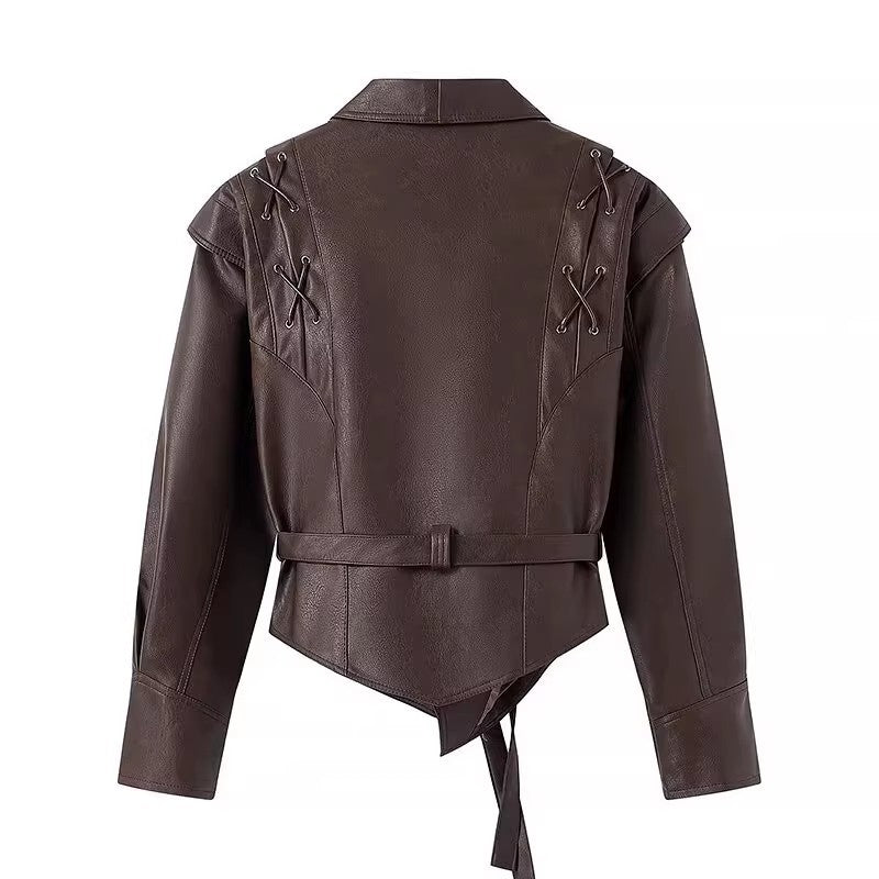 Damen Kunstlederjacke mit edlem Bindegürtel und raffinierten Schnürdetails Drune