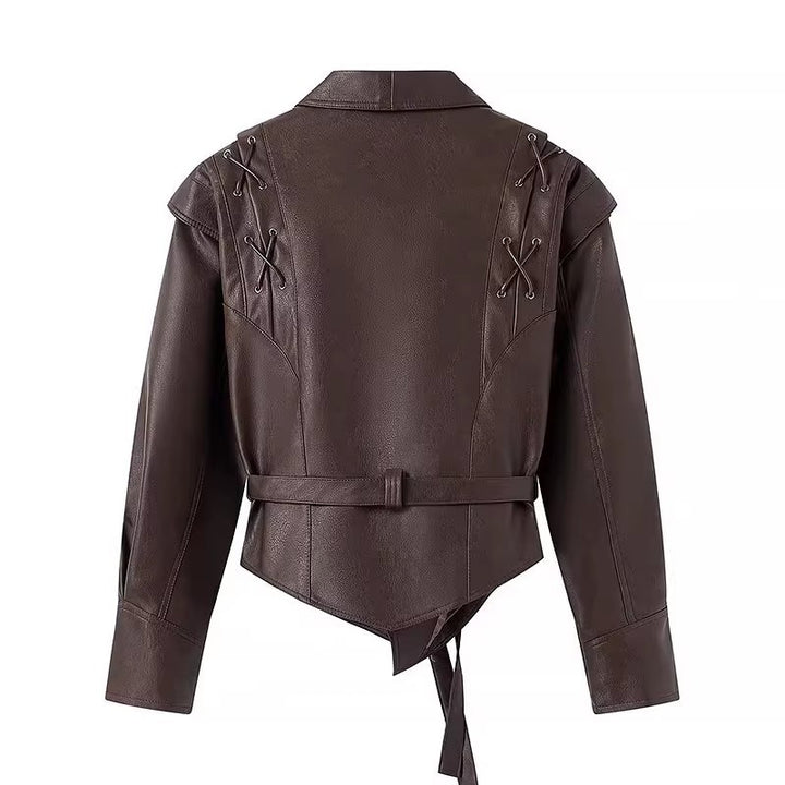 Damen Kunstlederjacke mit edlem Bindegürtel und raffinierten Schnürdetails Drune
