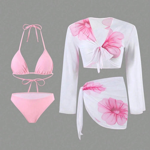 Damen Bikiniset mit floralem Wickeloberteil und hoch geschnittener Hose Drune