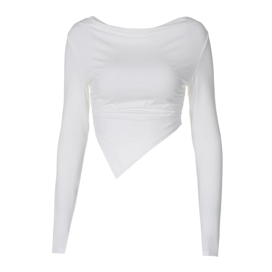 Damen nan asymmetrisches langärmeliges Cropped-Top mit drapiertem Ausschnitt, seitlicher Raffung und spitzem Saum Drune