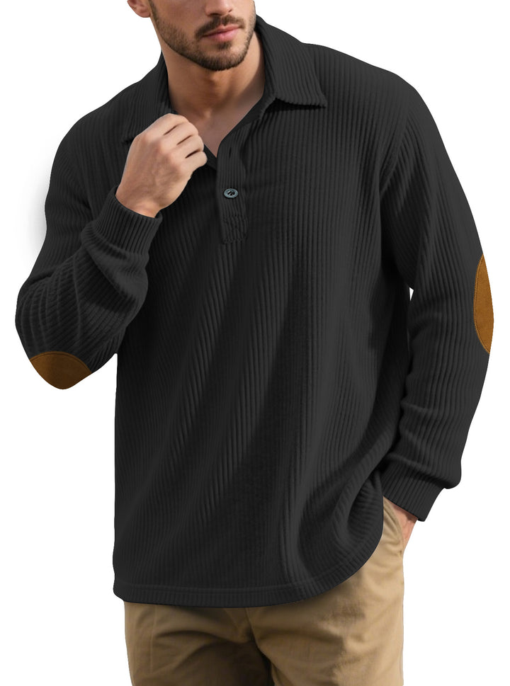 Herren nan gerippter Freizeit-Polo mit Kentkragen, kurzer Knopfleiste und Velours-Ellenbogenpatch Drune