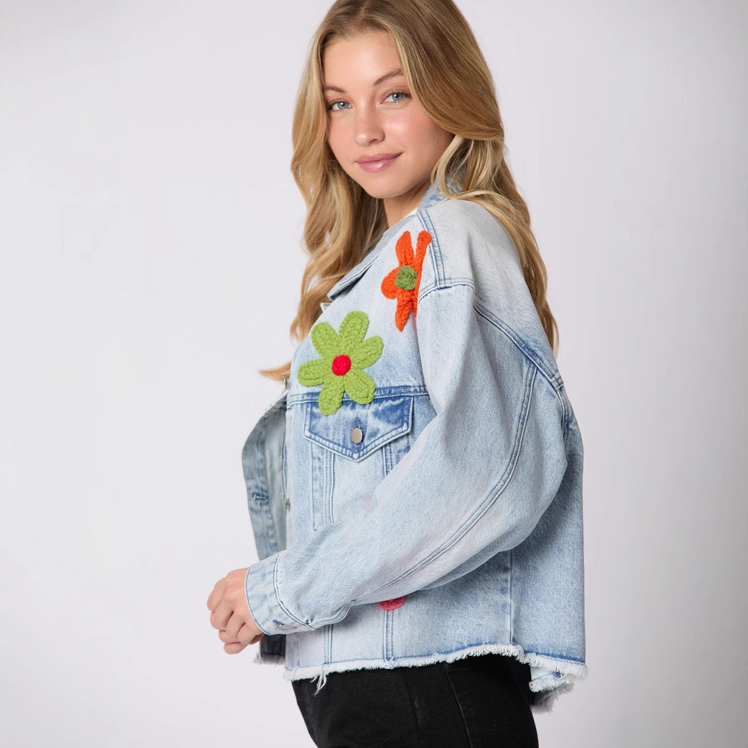 Damen trendige Jeansjacke mit bunten Football-Prints Drune