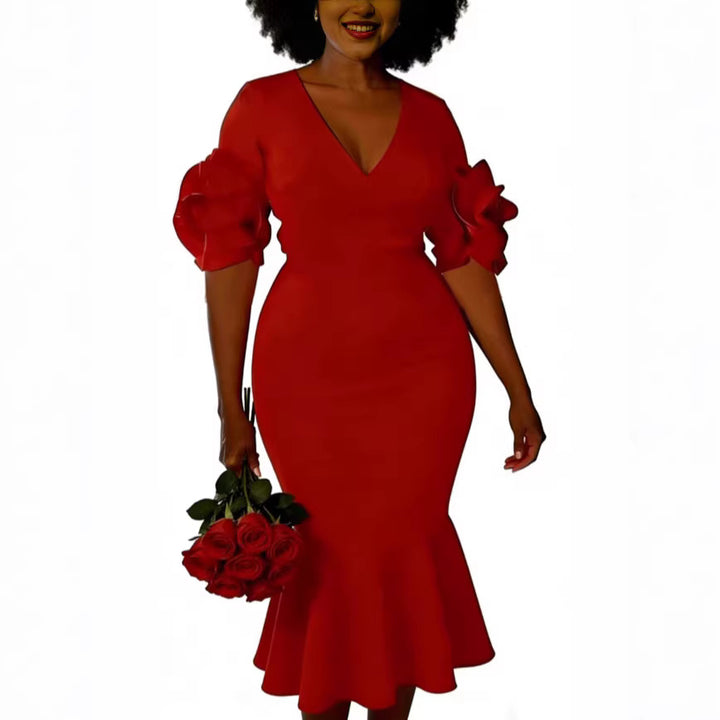Damen figurbetontes Kleid mit voluminösen Rüschenschultern Drune