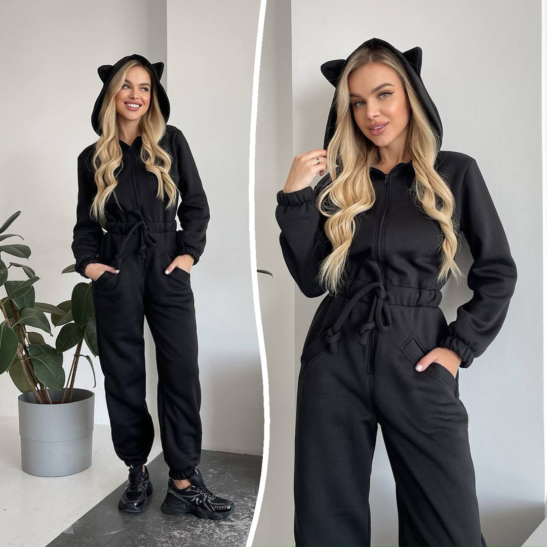 Damen Kuscheliger Jumpsuit mit Känguru-Taschen und Tierohren Drune