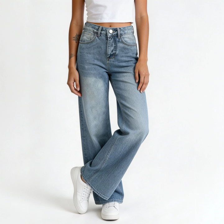 Damen nan hochgeschnittene Palazzo-Jeans mit extra weitem Bein und taillierendem Schnitt Drune