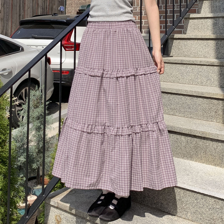 Damen Maxi-Rock mit Volant und Karomuster Drune