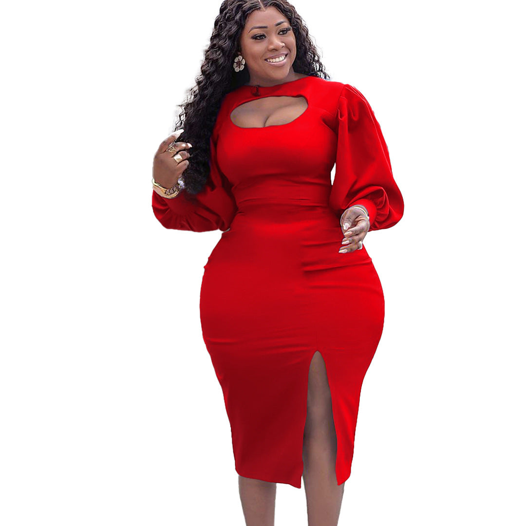 Damen Midi-Kleid mit raffiniertem Ausschnitt und voluminösen Puffärmeln Drune