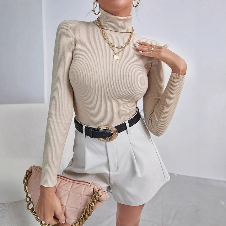 Damen Langarm Rollkragenpullover mit feinem Rippenstrick Drune