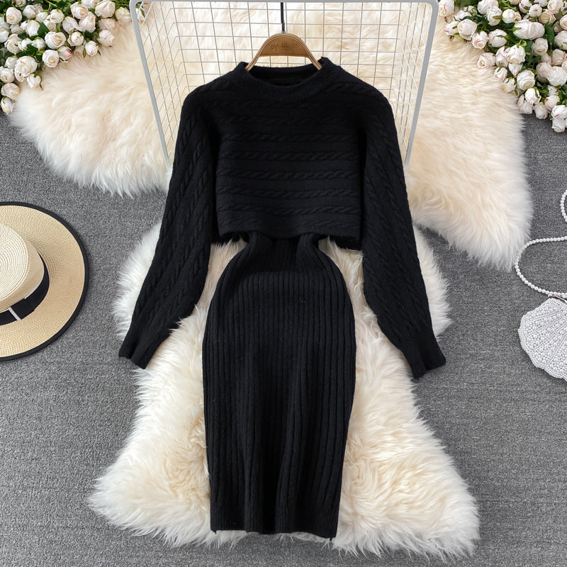 Damen modisches Zopf-Strickkleid mit cropped Pulloverteil Drune