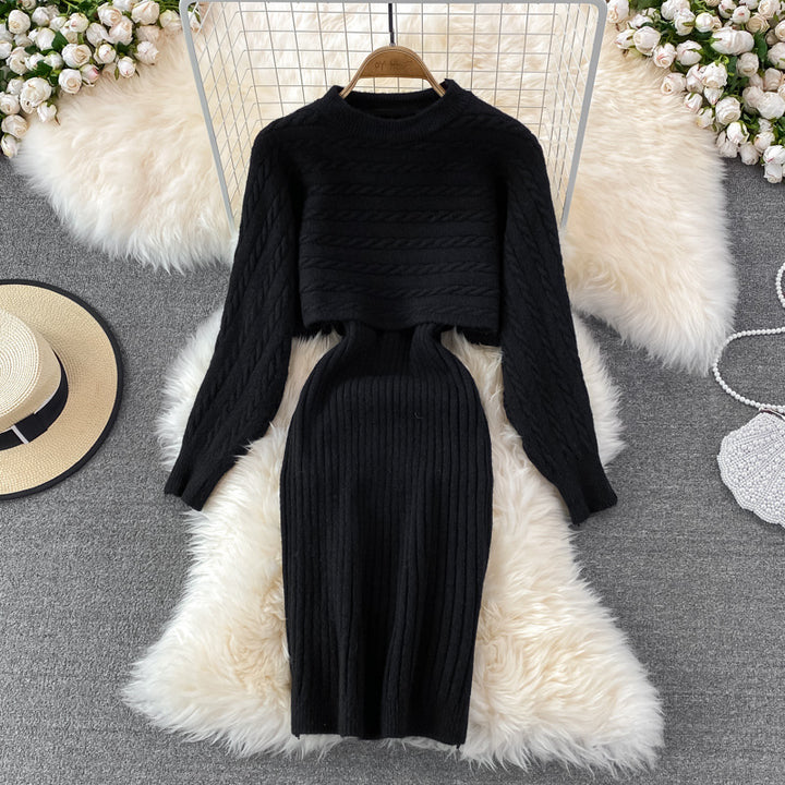 Damen modisches Zopf-Strickkleid mit cropped Pulloverteil Drune