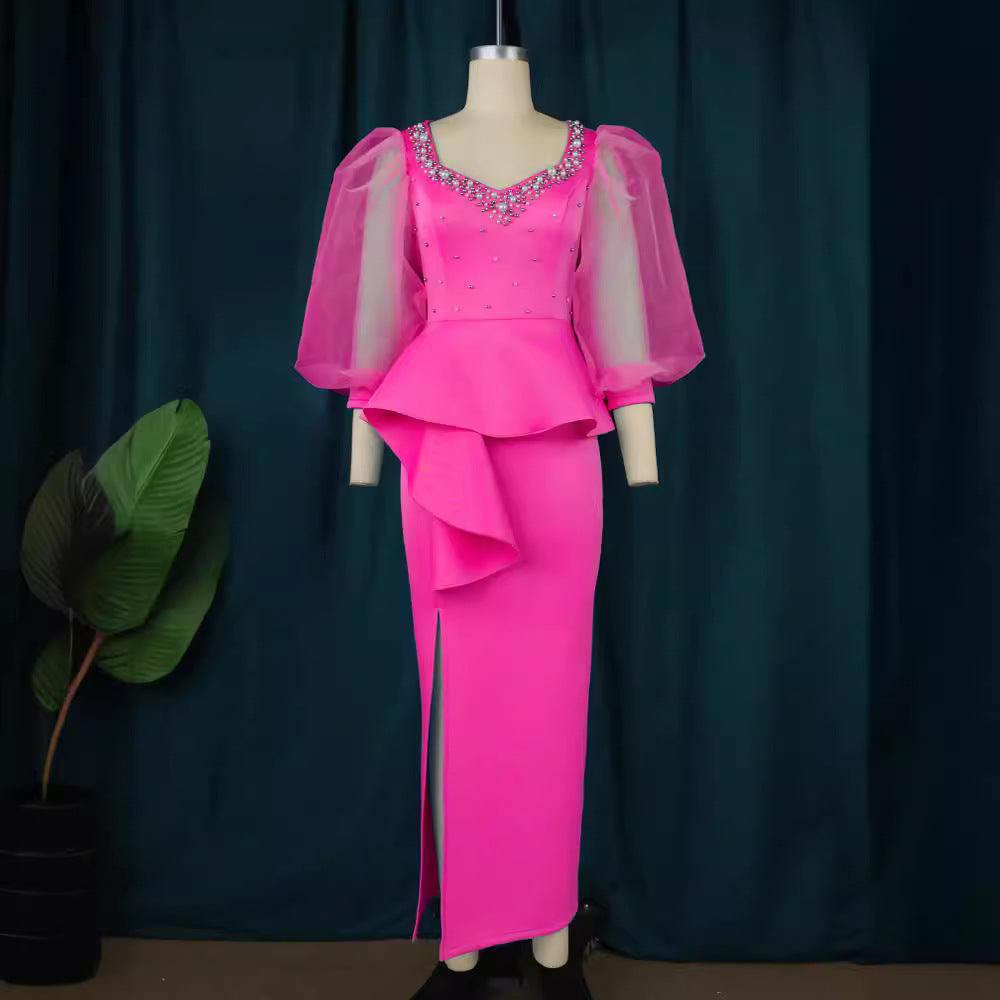 Damen Elegantes Abendkleid mit funkelnden Perlen und voluminösen Tüllärmeln Drune