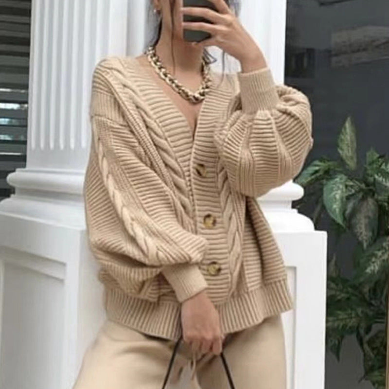 Damen Grobstrick-Cardigan mit großen Knöpfen und voluminösen Ärmeln Drune