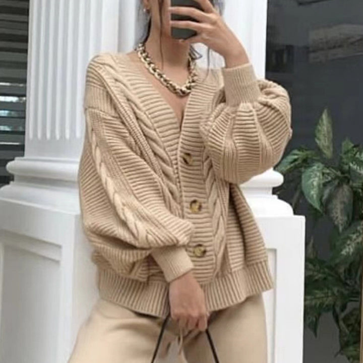 Damen Grobstrick-Cardigan mit großen Knöpfen und voluminösen Ärmeln Drune