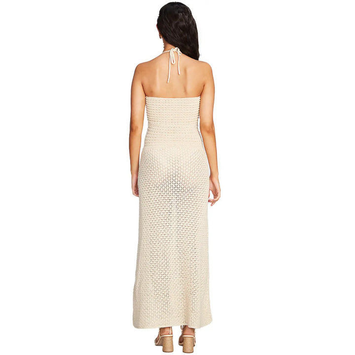 Damen gehäkeltes Maxikleid mit tiefem V-Ausschnitt und seitlichem Cut-Out Drune