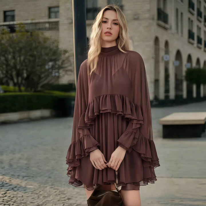 Damen Elegantes Rüschendress mit hochgeschlossenem Ausschnitt und fließendem Schnitt Drune