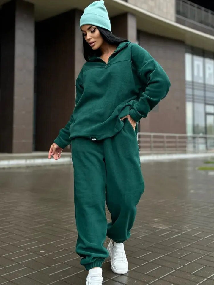 Damen Kuscheliges Fleece-Loungewear-Set mit Halb-Reißverschluss und elastischem Bund Drune