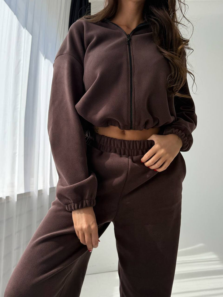 Damen bequemer Fleece-Sweatanzug mit elastischem Bund und modischen Details Drune