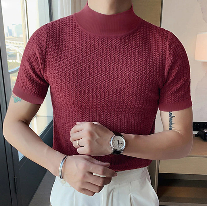 Herren nan kurzärmliges Stehkragen-Feinstrickshirt mit feiner Rippstruktur Drune