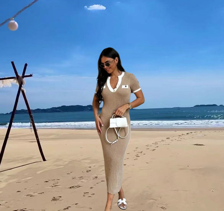 Damen Elegantes, figurbetontes Maxikleid mit modernen Knopfdetails und seitlichem Schlitz Drune