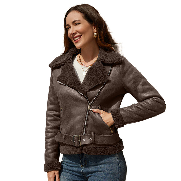 Damen nan taillierte Lammfellimitat-Fliegerjacke mit Gürtel und Teddyfutter Drune