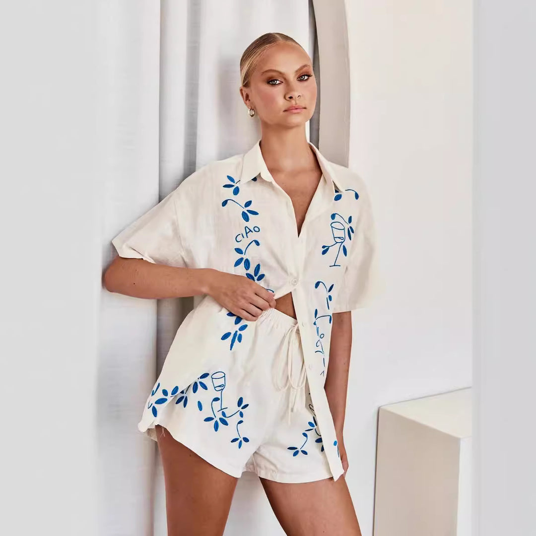 Damen Luftiges Kurzarmhemd und Shorts Set mit floralem Stickdesign Drune