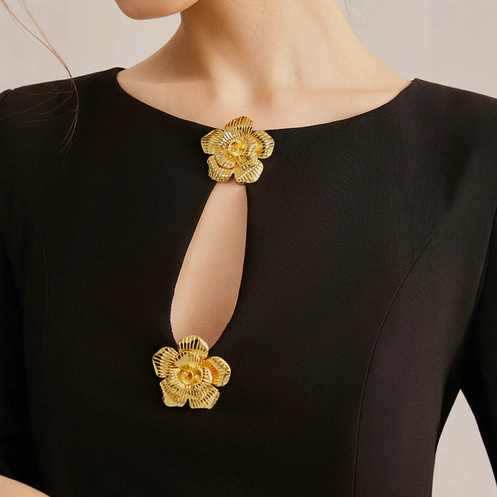 Damen elegantes Midi-Kleid mit dekorativen Knöpfen und Taschen Drune