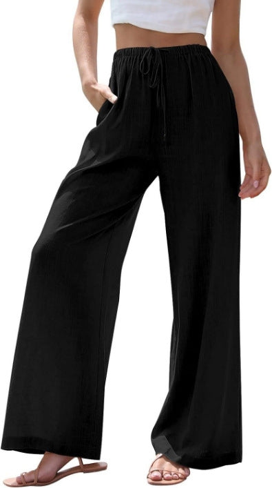 Damen nan weite Leinenhose mit elastischem Bund Kordel und Seitentaschen Drune