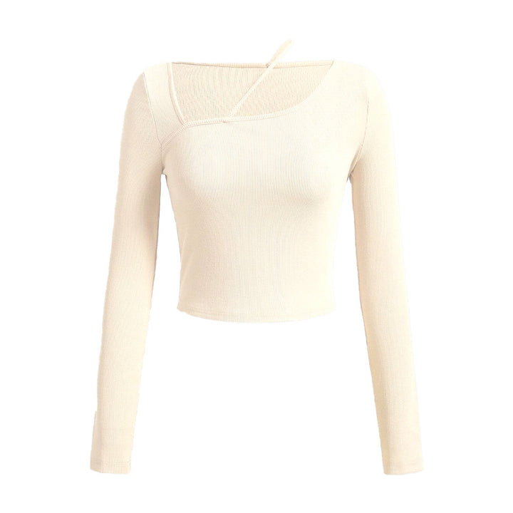 Damen langärmliges Crop-Shirt mit asymmetrischem Ausschnitt und feiner Rippstruktur Drune