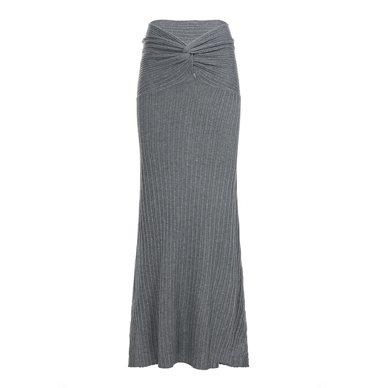 Damen nan hochtaillierter gerippter Maxi-Strickrock mit Twist-Taillenbund und figurumspielender A-Linie Drune