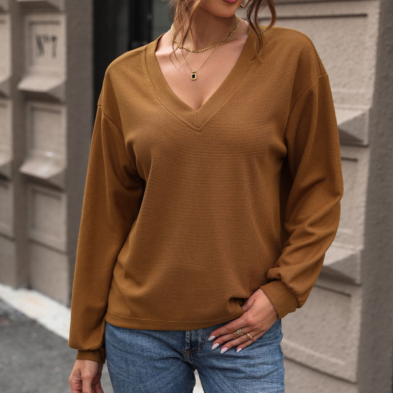 Damen V-Ausschnitt Pullover aus Waffelstrick Drune