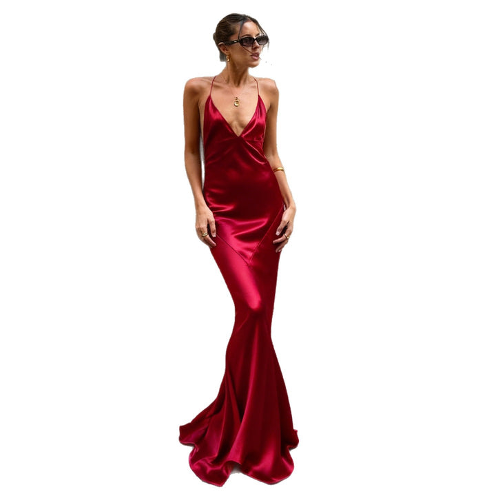 Damen Maxi-Kleid mit tiefem V-Ausschnitt und fließendem Saum Drune
