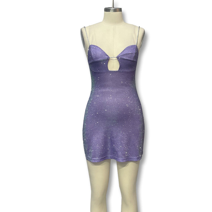 Damen Glamouröses Minikleid mit Glitzer und Schlüssellochausschnitt Drune