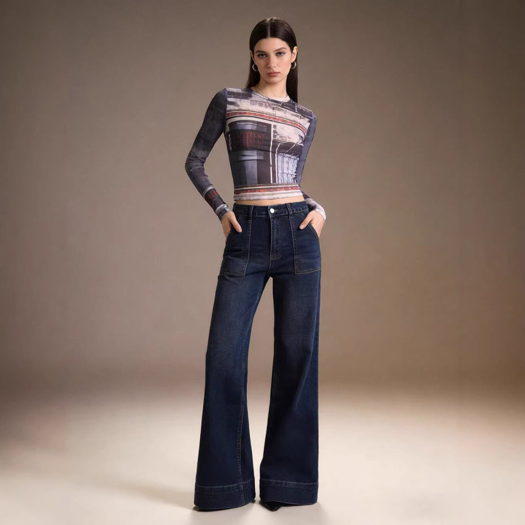 Damen High-Waist Weitbeinerhosen mit angesagtem Aufnäher Drune