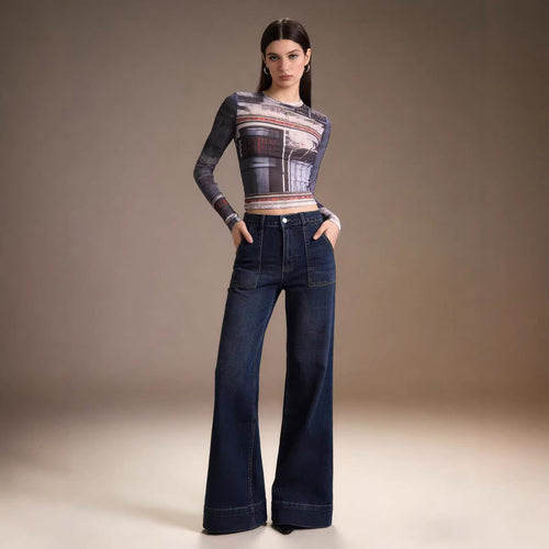 Damen High-Waist Weitbeinerhosen mit angesagtem Aufnäher Drune