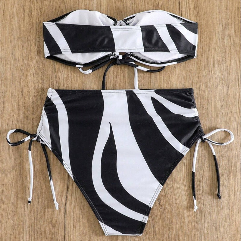 Damen Bandeau-Bikini mit verstellbaren Schnürdetails und modischem Muster Drune