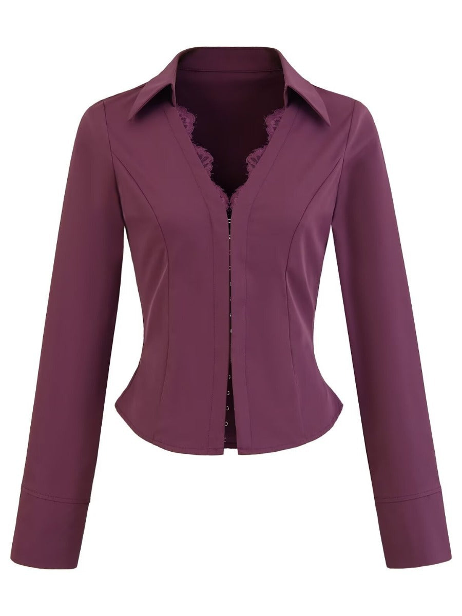 Damen figurbetonte Blazerjacke mit Spitzenbesatz Drune