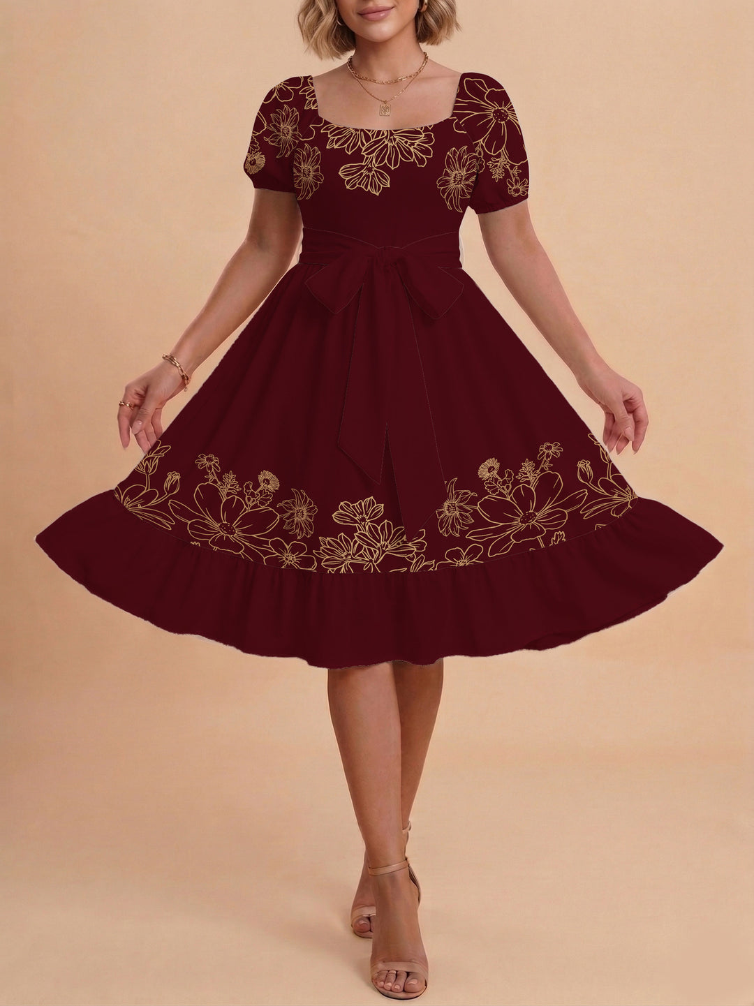 Damen A-Linien-Kleid mit floralen Motiven und taillierbarem Gürtel Drune