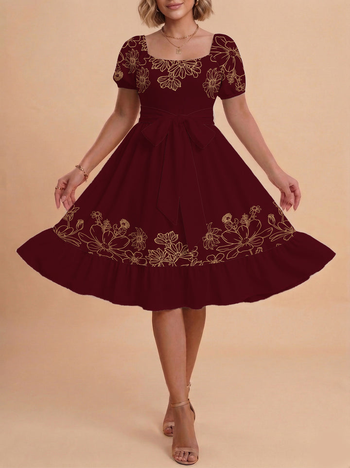 Damen A-Linien-Kleid mit floralen Motiven und taillierbarem Gürtel Drune