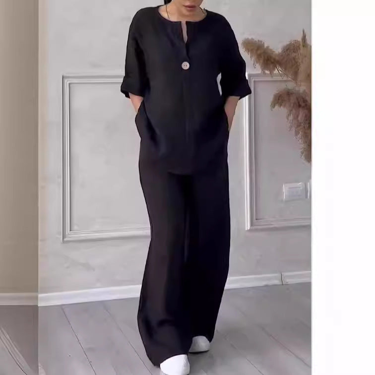 Damen nan lässiges Leinen-Relax-Set mit weiter Hose und Hemdbluse Drune