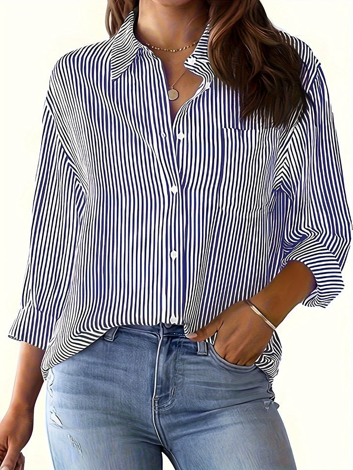 Damen gestreifte Bluse mit lockerer Passform und praktischer Brusttasche Drune