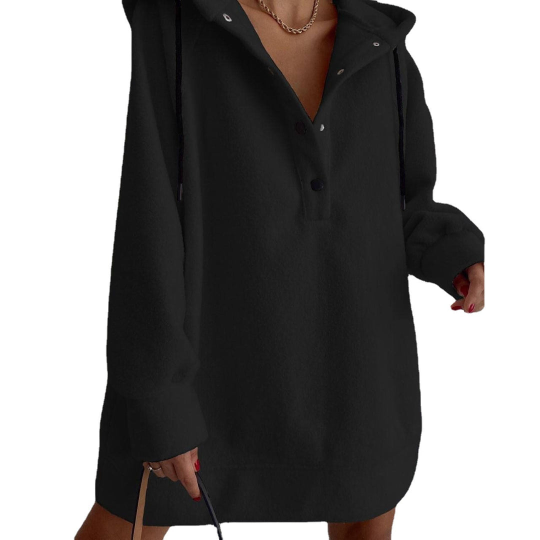 Damen nan kuscheliges Kapuzen-Fleece-Tunika-Sweatshirt mit Druckknopfleiste und überschnittener Schulter Drune