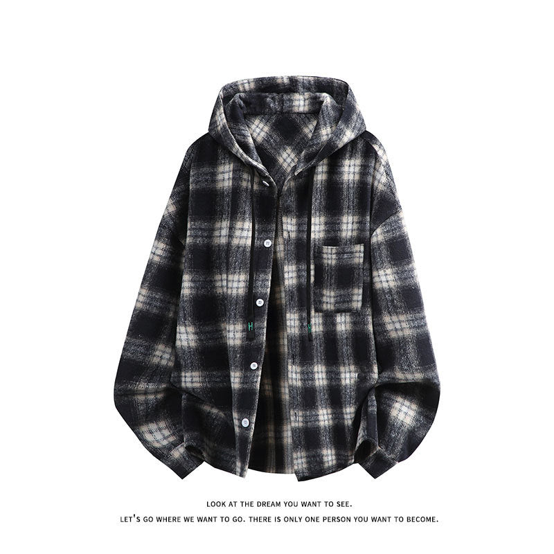 Unisex nan oversized Kapuzen-Hemdjacke aus Flanell mit Karomuster und Brusttasche Drune