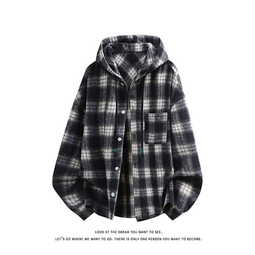 Unisex nan oversized Kapuzen-Hemdjacke aus Flanell mit Karomuster und Brusttasche Drune
